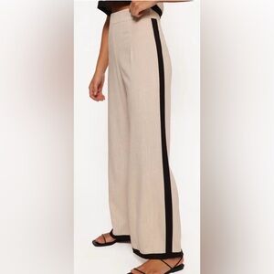 The Workshop Women’s Beige Wide-Leg Pant with Black Side Stripe